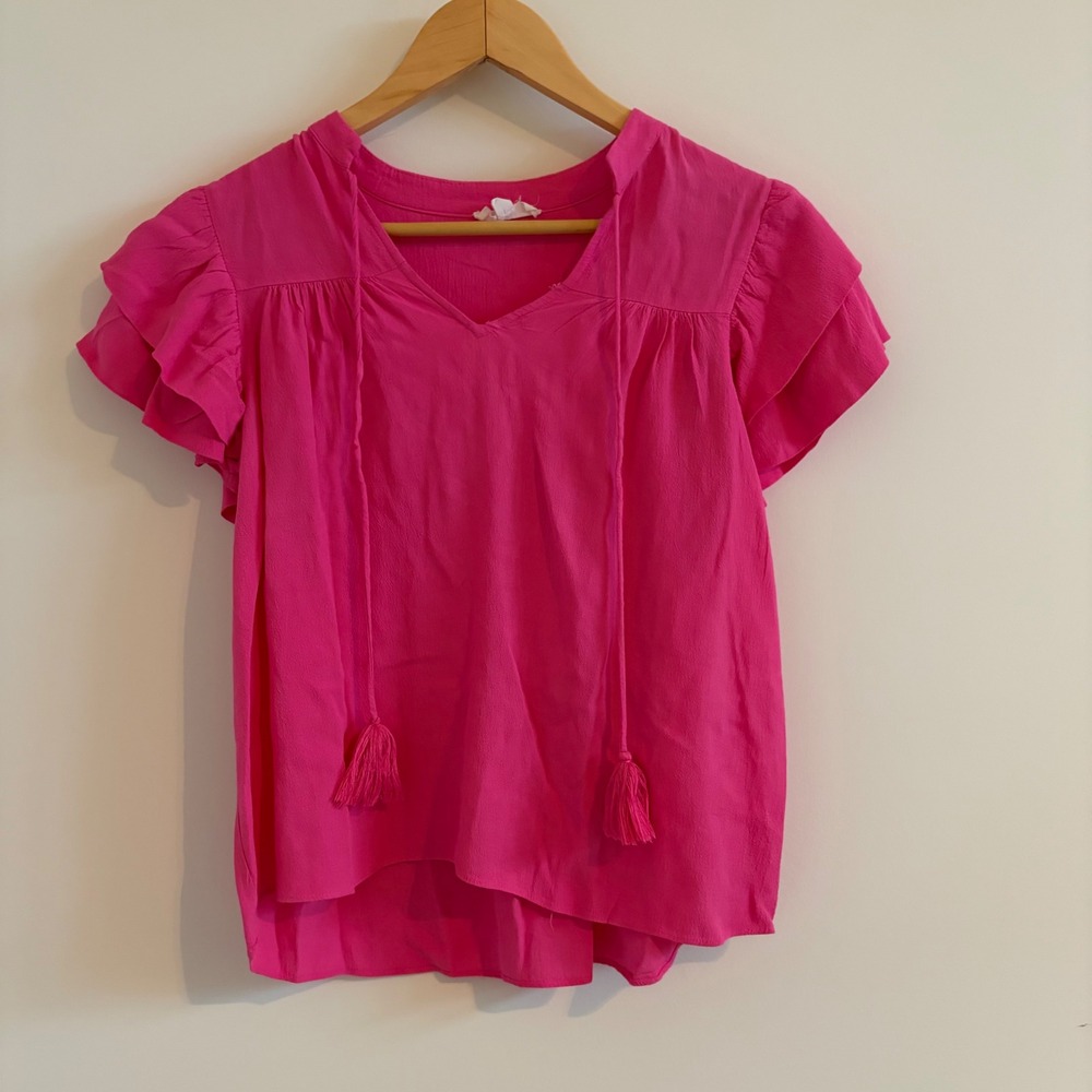 A Loves A Hot Pink Ruffle Sleeve Tassel V-Neck Viscose Blouse Small